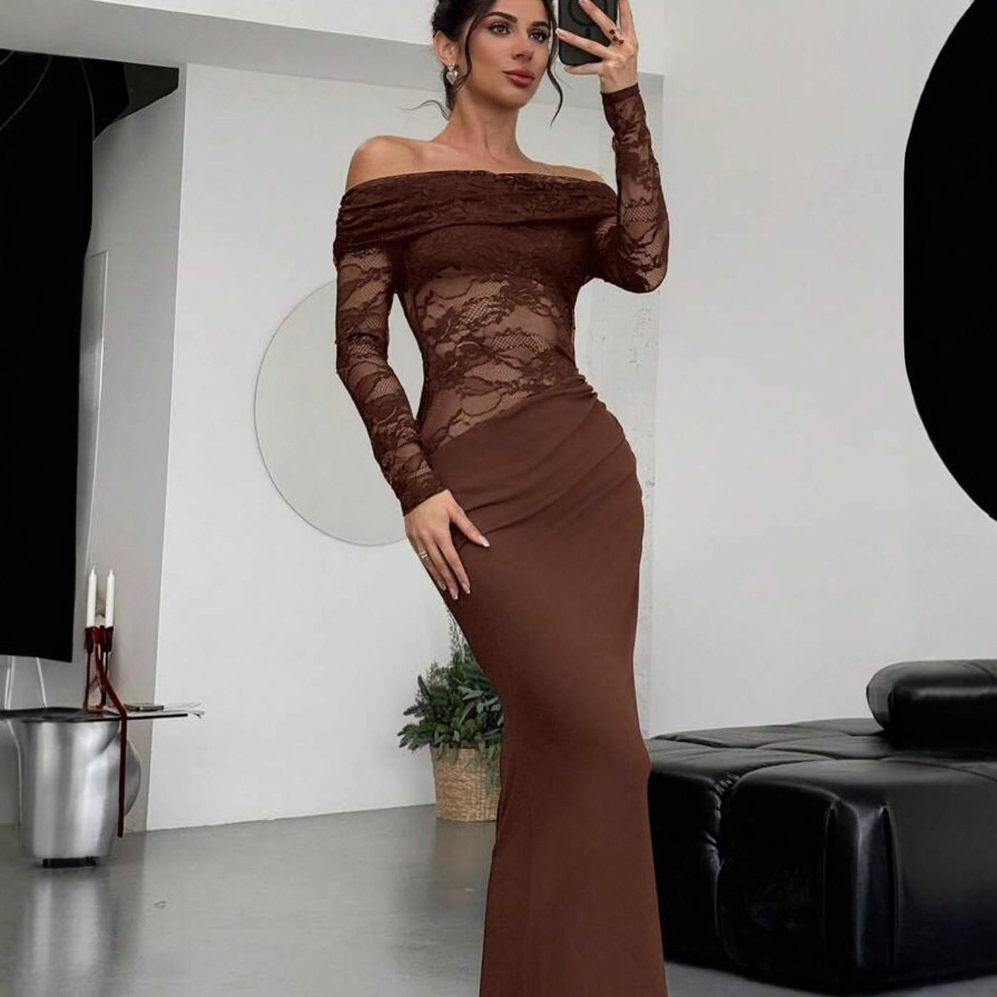 夏季新款欧美外贸一字肩蕾丝长裙高级感性感包臀连衣裙女装dress