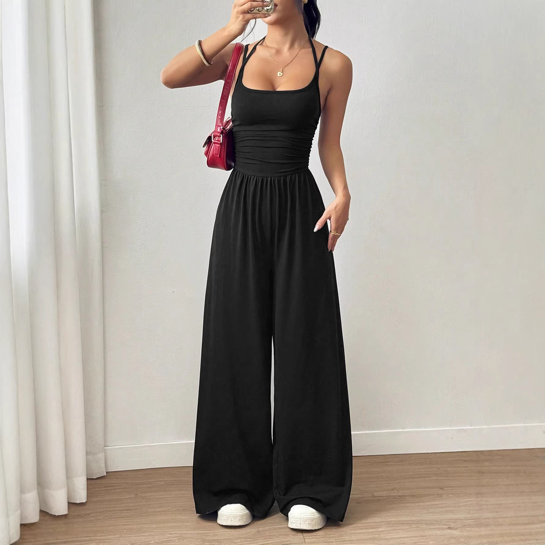 美式辣妹挂脖吊带连体裤女外贸高腰显瘦夏季宽松阔腿长裤jumpsuit