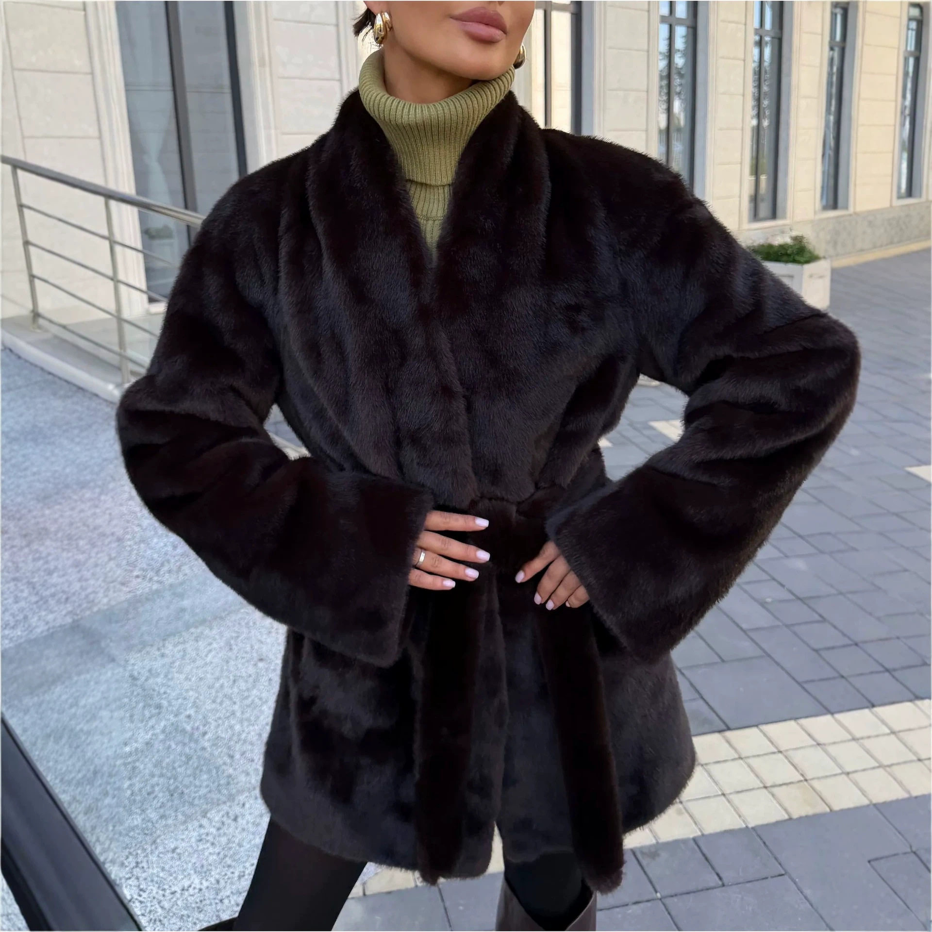 秋冬保暖毛毛大衣女V领优雅中长款仿皮草跨境外贸系带高级感外套