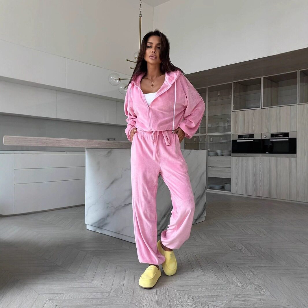 欧美风休闲女装春秋时尚拉链连帽卫衣跨境外贸宽松长裤两件套Suit