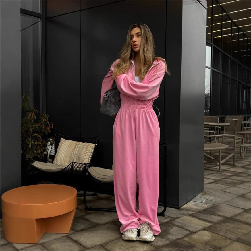 秋冬长袖半开襟松紧腰连体裤女欧美风外贸时尚连身衣套装jumpsuit
