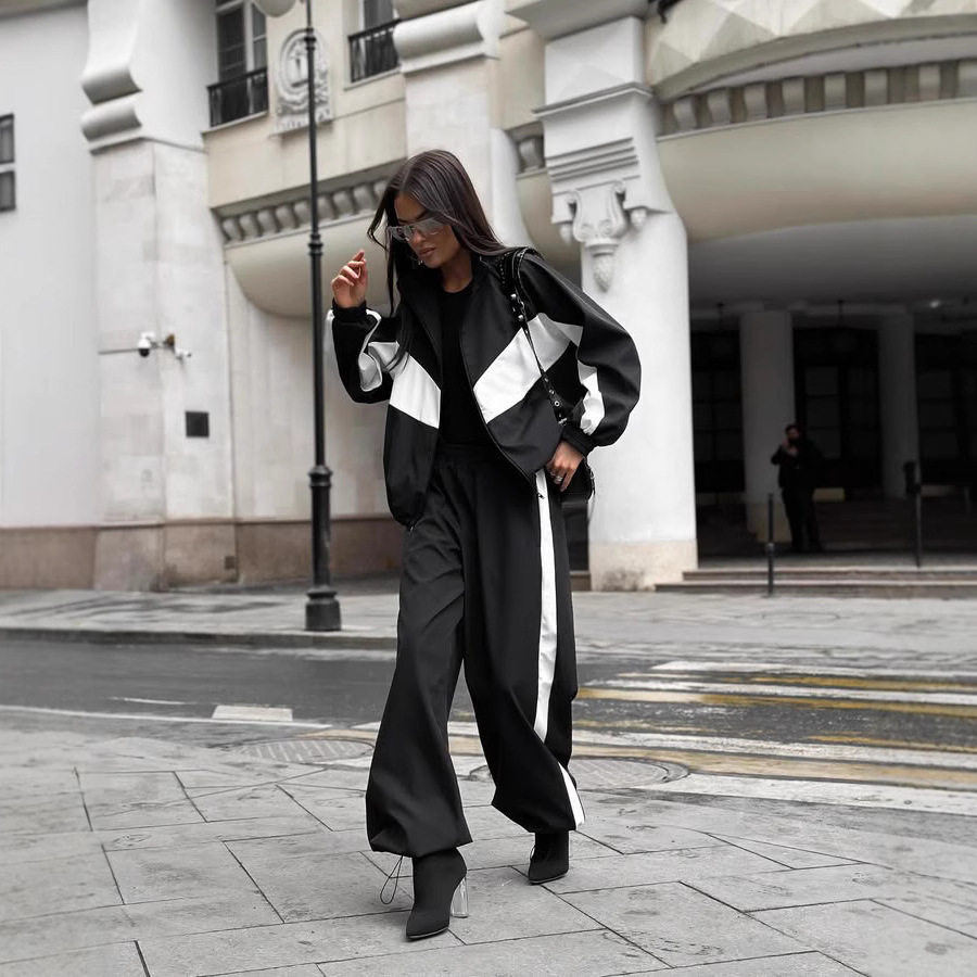 春秋美式休闲时尚宽松长袖拉链开衫女外贸撞色上衣长裤运动服套装