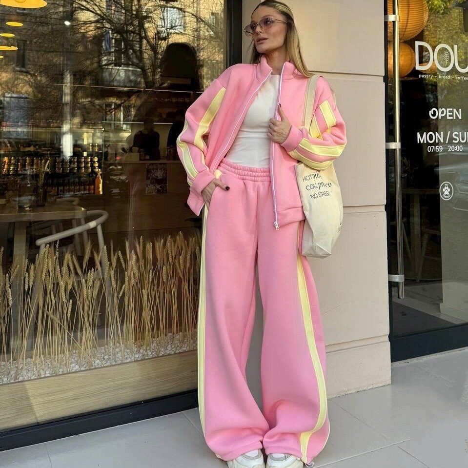 跨境休闲欧美女士拼色拉链式开衫女春秋外贸松紧腰运动长裤两件套