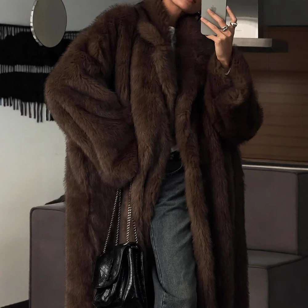 欧美仿皮草外套秋冬加厚长款过膝蓬松狐狸毛大衣棕色外贸Fur coat