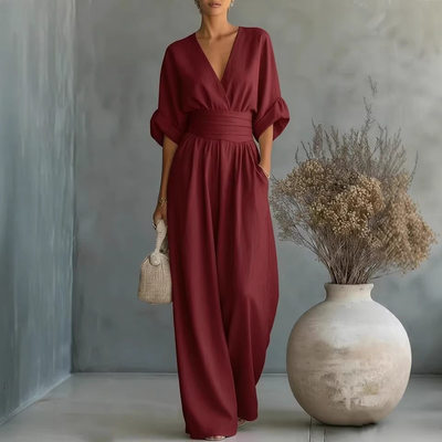 欧美风春夏时尚宽松休闲阔腿裤女收腰V领气质连体裤外贸jumpsuit