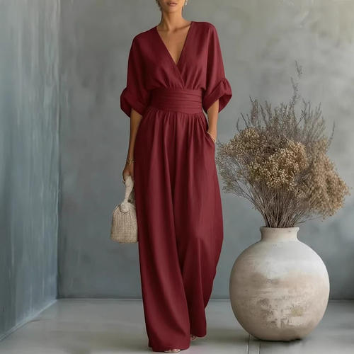 欧美风春夏时尚宽松休闲阔腿裤女收腰V领气质连体裤外贸jumpsuit