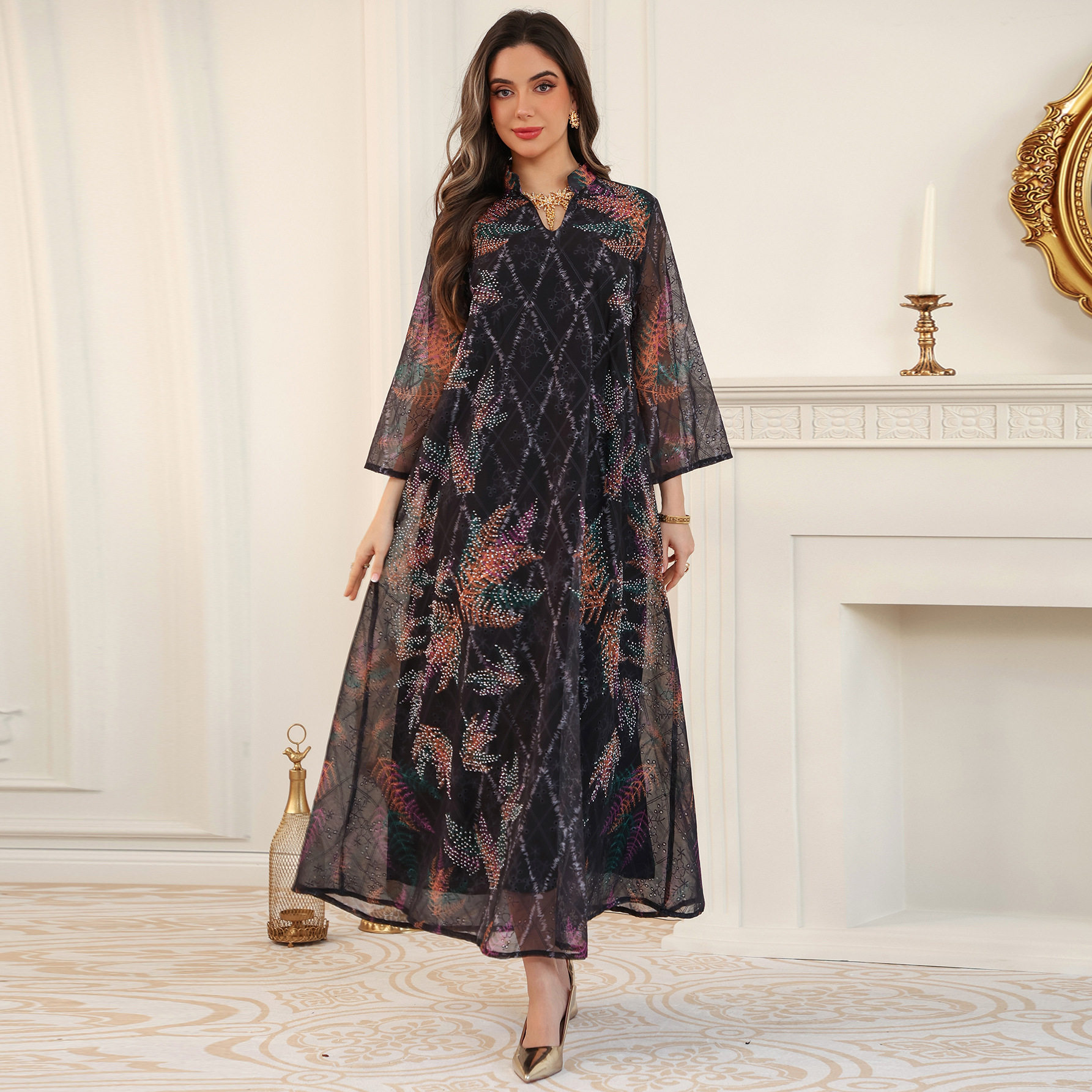 民族风印花连衣裙女宽松气质大码度假拍照跨境长裙子Kaftan dress