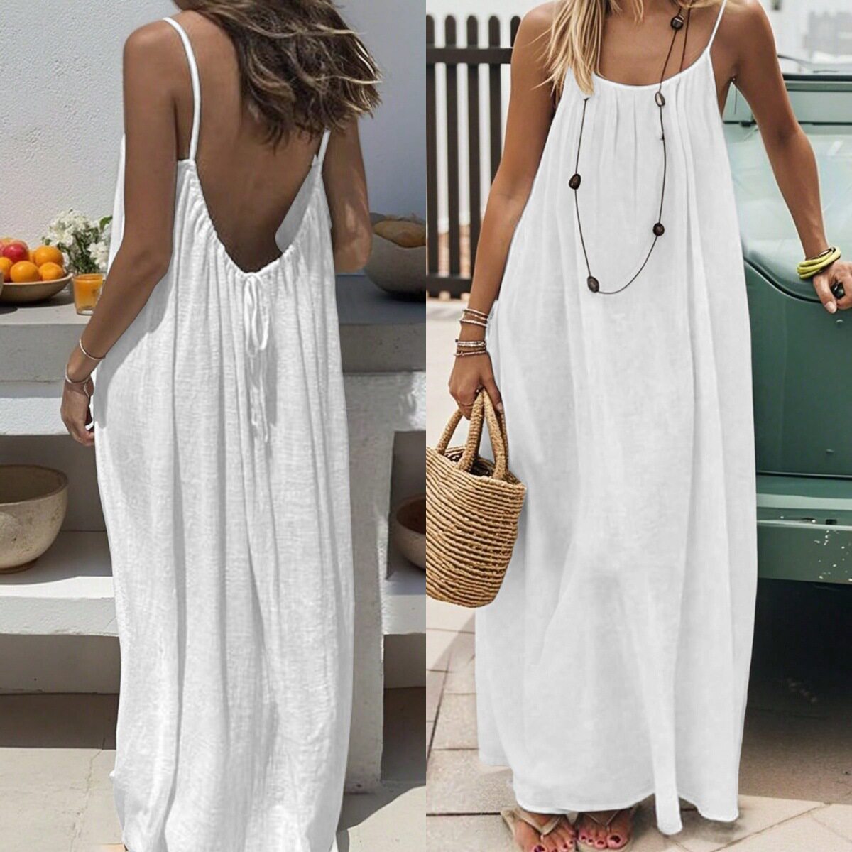 欧美露背吊带连衣裙女夏跨境外贸冰丝宽松大码度假风长裙子Dress