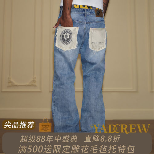 YAD毛边印花后袋中线水洗闪电纹牛仔裤男女宽松潮牌直筒潮流