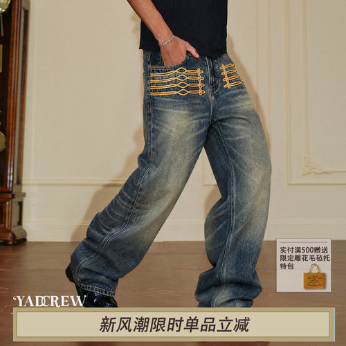 YADcrew复古宫廷刺绣宽松牛仔裤