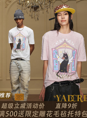 胡亦琛JDG清融同款】YAD烂漫小猫咪钉珍珠短袖T恤男宽松圆领图案
