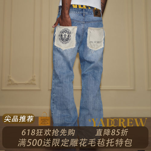 YAD毛边印花后袋中线水洗闪电纹牛仔裤男女宽松潮牌直筒潮流