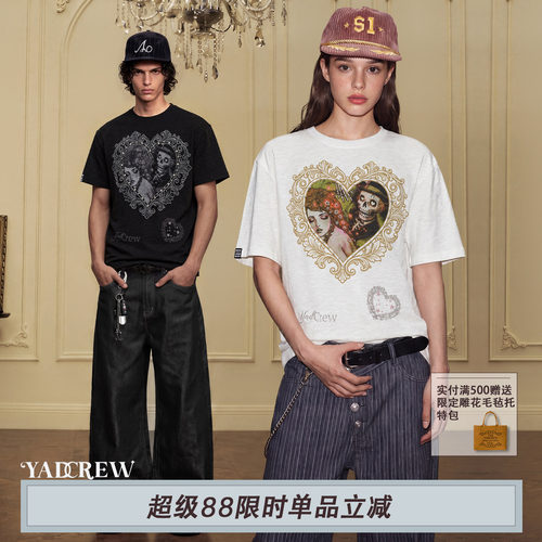 YADcrew复古骷髅爱心短袖T恤