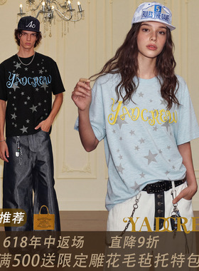 YADcrew满天星闪粉星星印花立体刺绣竹节短袖复古T恤