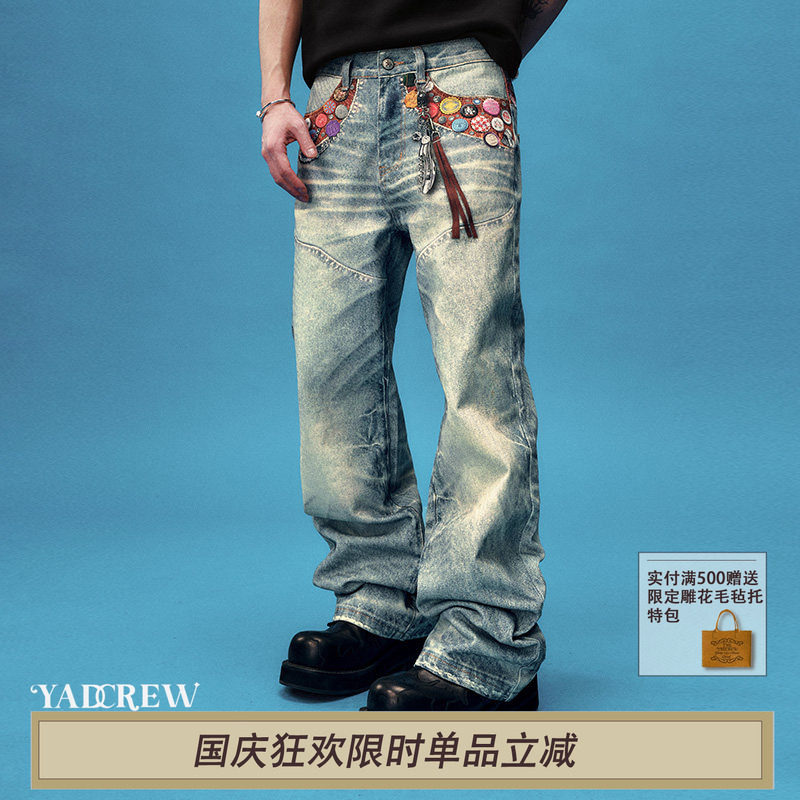 YADREW亚德鲁马毛拼接牛仔裤图片