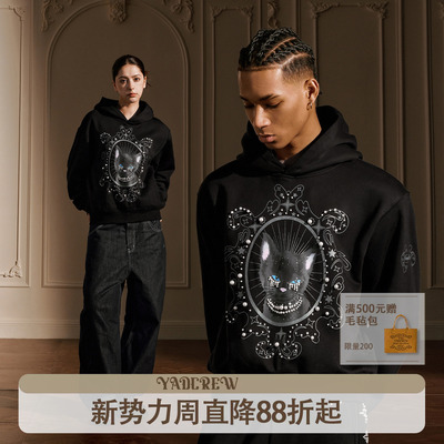 YADcrew黑色猫咪印花连帽卫衣女珍珠装饰美式卡通风潮酷美式高街