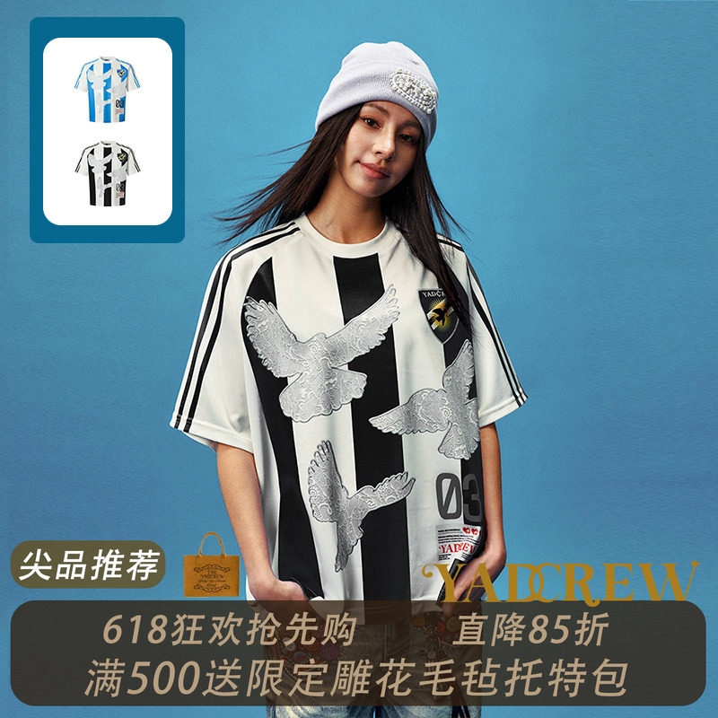 丁禹兮X郭喆X陈浚铭同款】YADcrew蕾丝印花和平鸽条纹球服短袖T恤