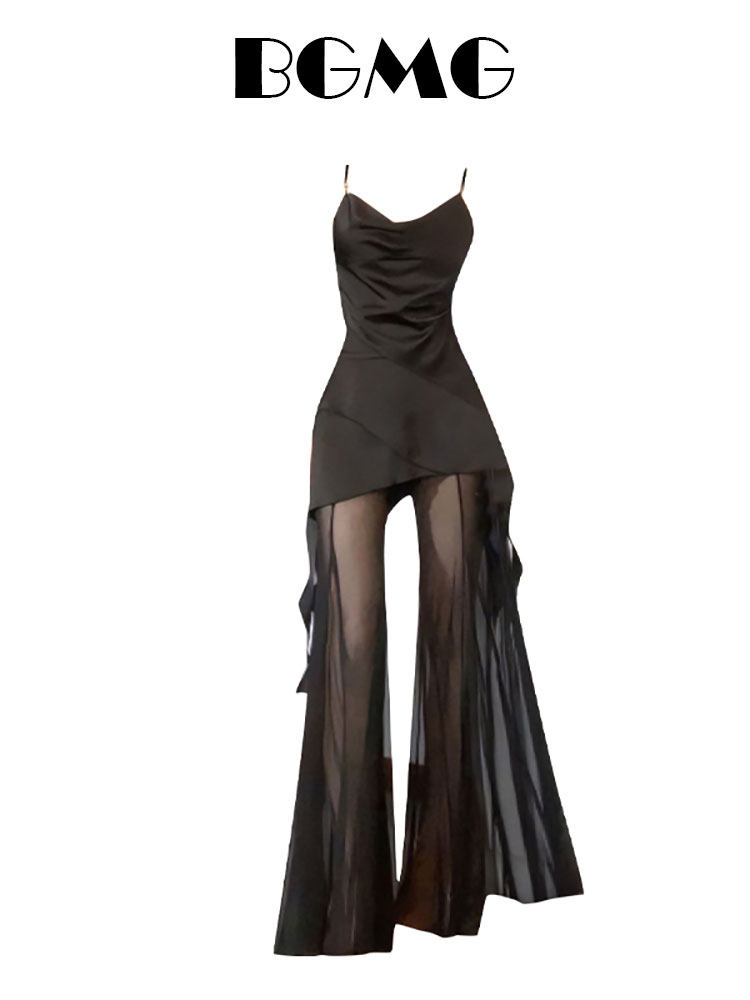 하이 엔드 로얄 자매 정장 핫 걸 블랙 캐미솔 탑 여성 여름 바지 메쉬 와이드 레그 팬츠 투피스 세트