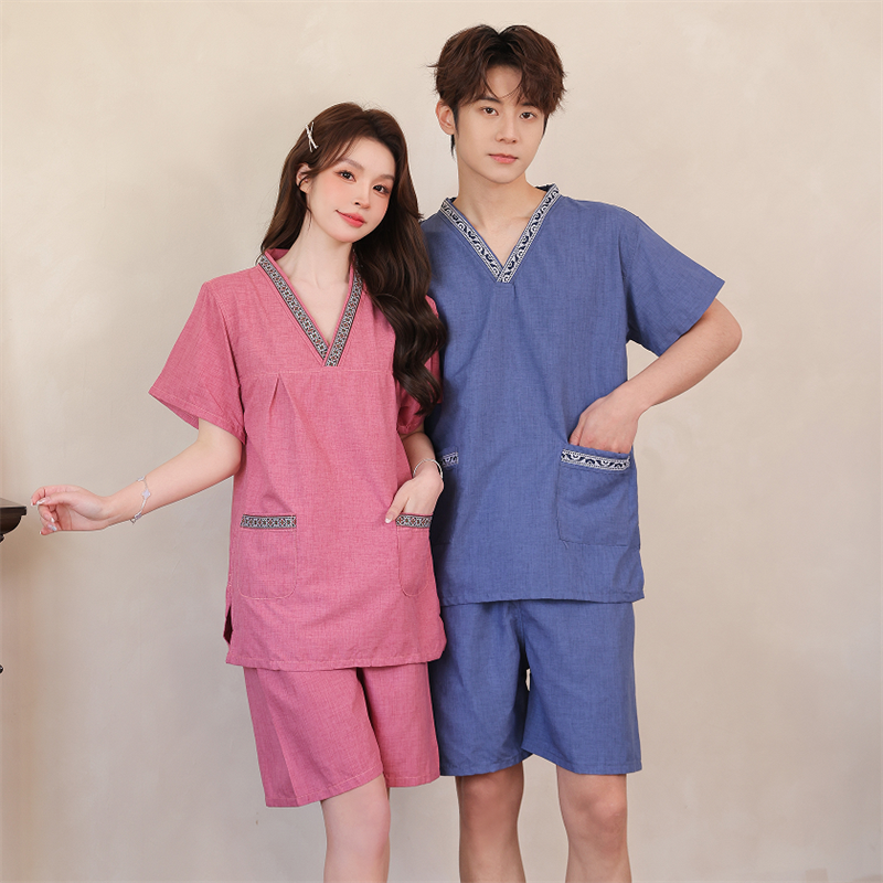 汗蒸服纯棉女桑拿洗浴服厚料男情侣家居服睡衣特大号斜大襟美容服