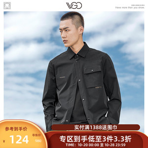 VGO男装休闲百搭黑色衬衫刺绣印花男士休闲衬衣早春新品休闲上衣