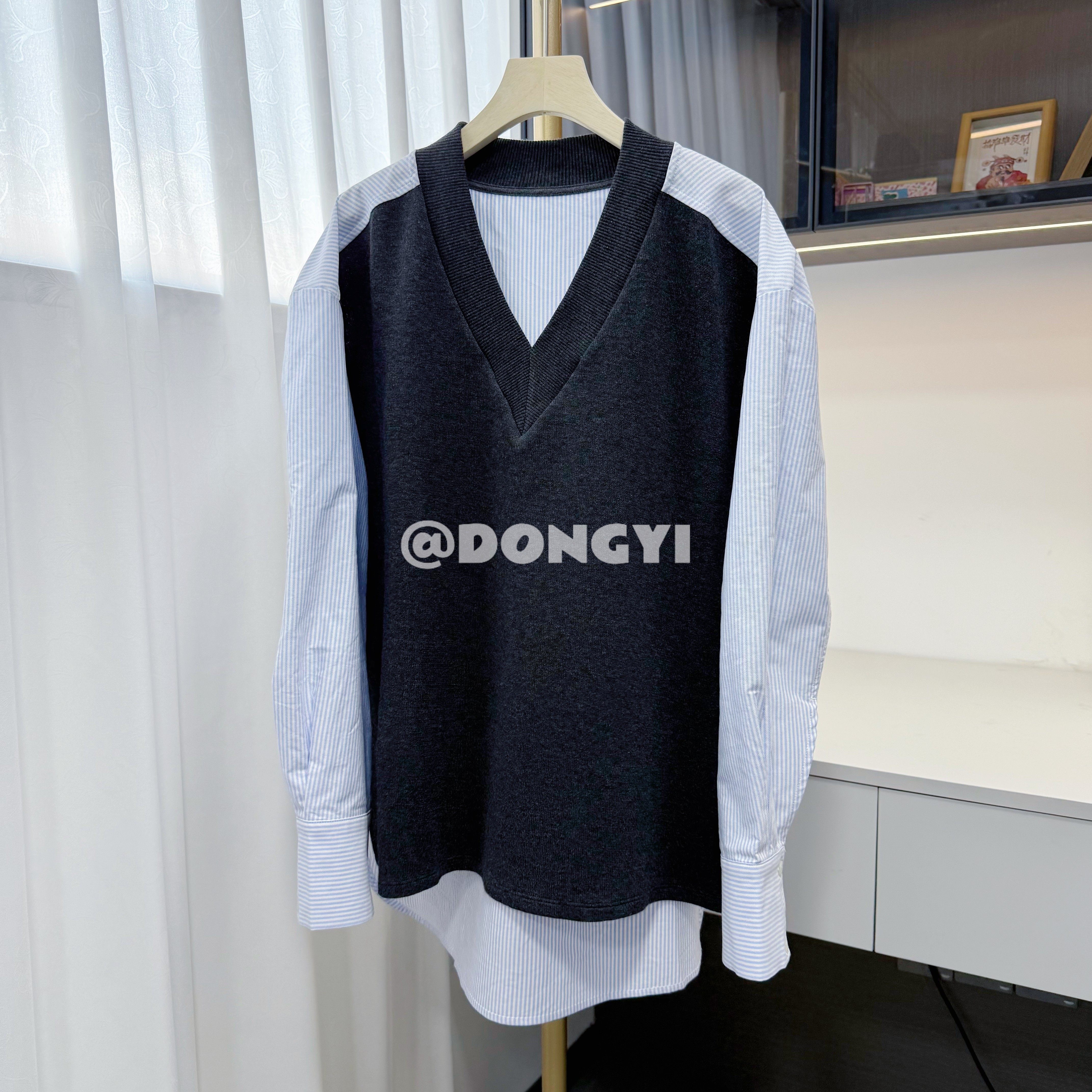 【DY】复古V领休闲长袖毛衣衬衫女高级感解构拼接假两件针织上衣