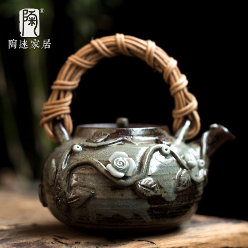 清水柴烧陶瓷创意藤编防烫提梁壶