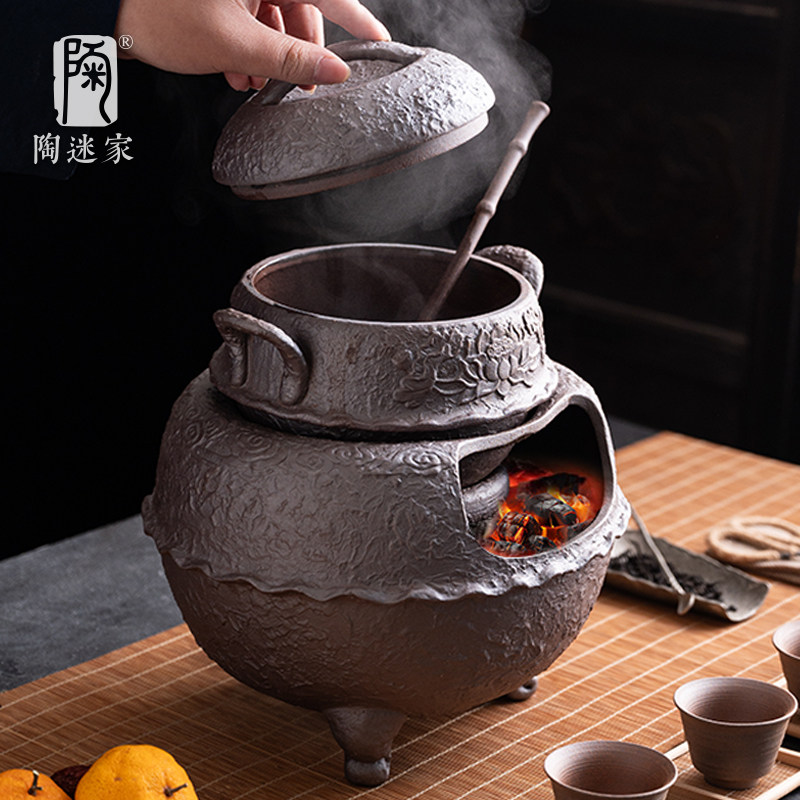 陶迷家用大号煮茶釜三足炭炉明火温茶熬药中式茶馆多人聚会养生茶