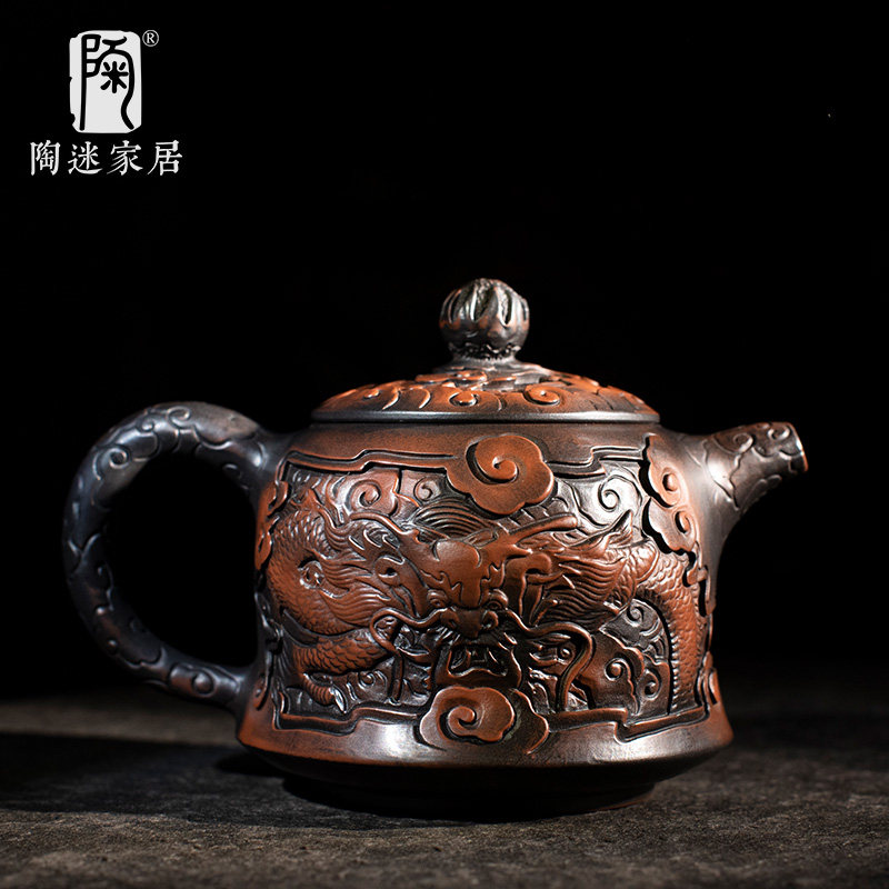 陶迷紫陶满雕龙壶复古泡茶壶家用陶瓷手工浮雕单壶大号西施壶云南