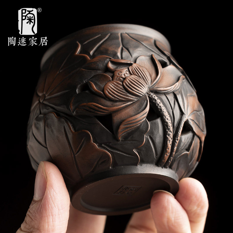 陶迷紫陶双层杯手工镂空雕刻品茗杯荷韵禅意杯功夫茶具带礼盒证书
