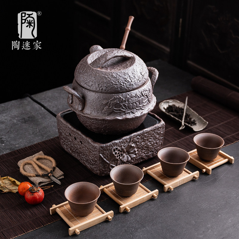 陶迷大号粗陶围炉煮茶釜套装新中式茶馆电陶炉熬煮碳炉养生温茶釜