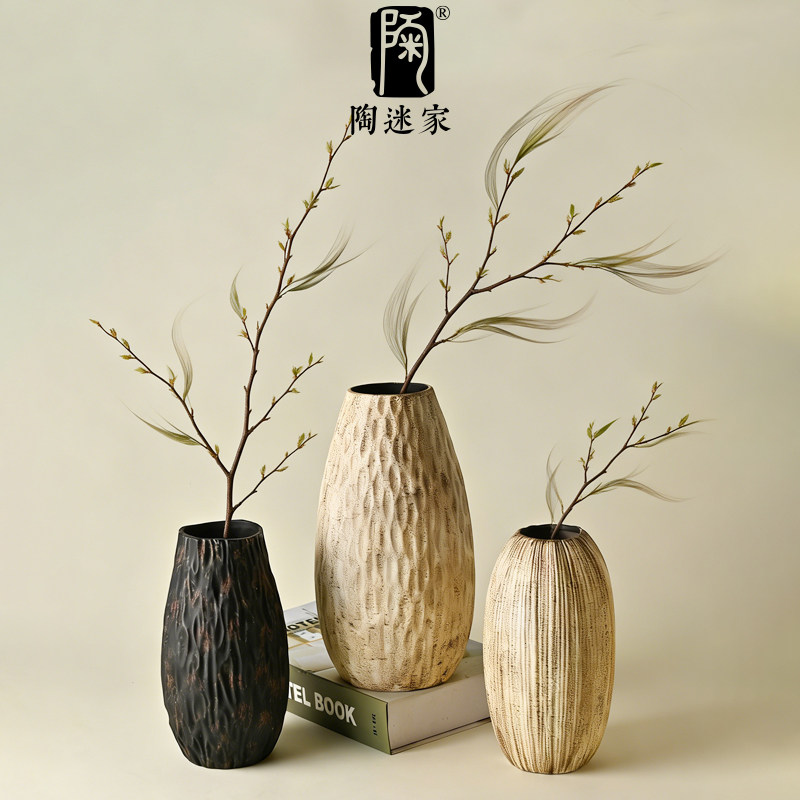 陶迷粉引石纹树痕花器大号花瓶
