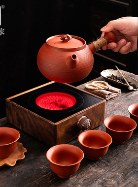 陶迷潮州朱泥侧把茶壶围炉煮茶胡桃木电陶炉套装手工砂兆跳盖薄胎