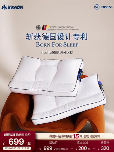 irisette德国95鹅绒分区枕护颈椎助睡眠枕芯羽绒枕头可水洗护颈枕
