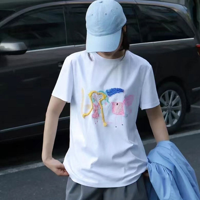 【商场同款】女装夏季百搭休闲宽松圆领钉珠刺绣短袖T恤衫530082