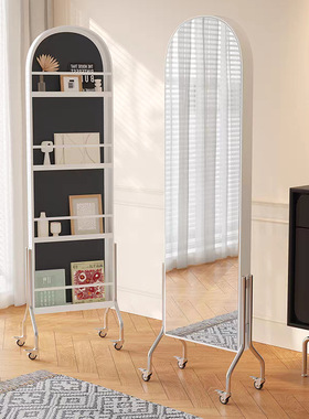 两用试衣镜收纳架家用落地镜简约杂志架旋转全身镜子可移动穿衣镜