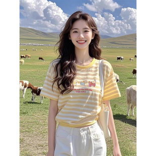 女童超好看纯棉条纹短袖t恤2026夏天新款中大童少女孩高级感上衣