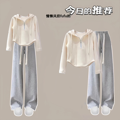 今年流行爆款女童卫衣春秋2025新款中大童炸街米白上衣连帽打底衫