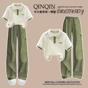 2026新款今年流行爆款女童夏套装中大童纯棉短袖绿色工装裤两件套