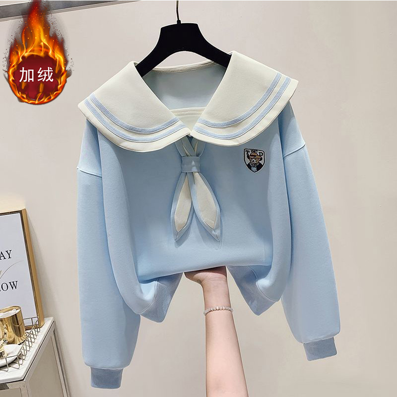 女童超好看刺绣卫衣2025新款秋装中大童装海军领长袖秋装加绒外套