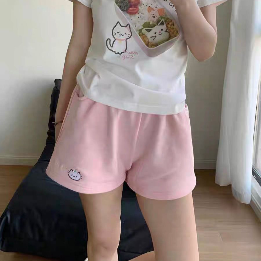 猫咪印花百搭短裤女夏季ins潮流韩版宽松休闲学生运动阔腿松紧腰