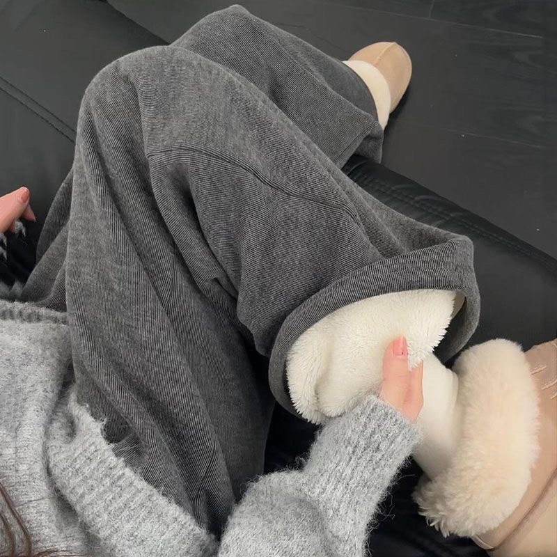 深灰色糯米休闲裤女秋冬季新款女童mm梨形身材高腰宽松显瘦阔腿裤