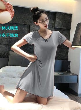 带胸垫睡裙莫代尔棉睡衣女夏季短袖中裙柔软v领露背薄款孕妇200斤