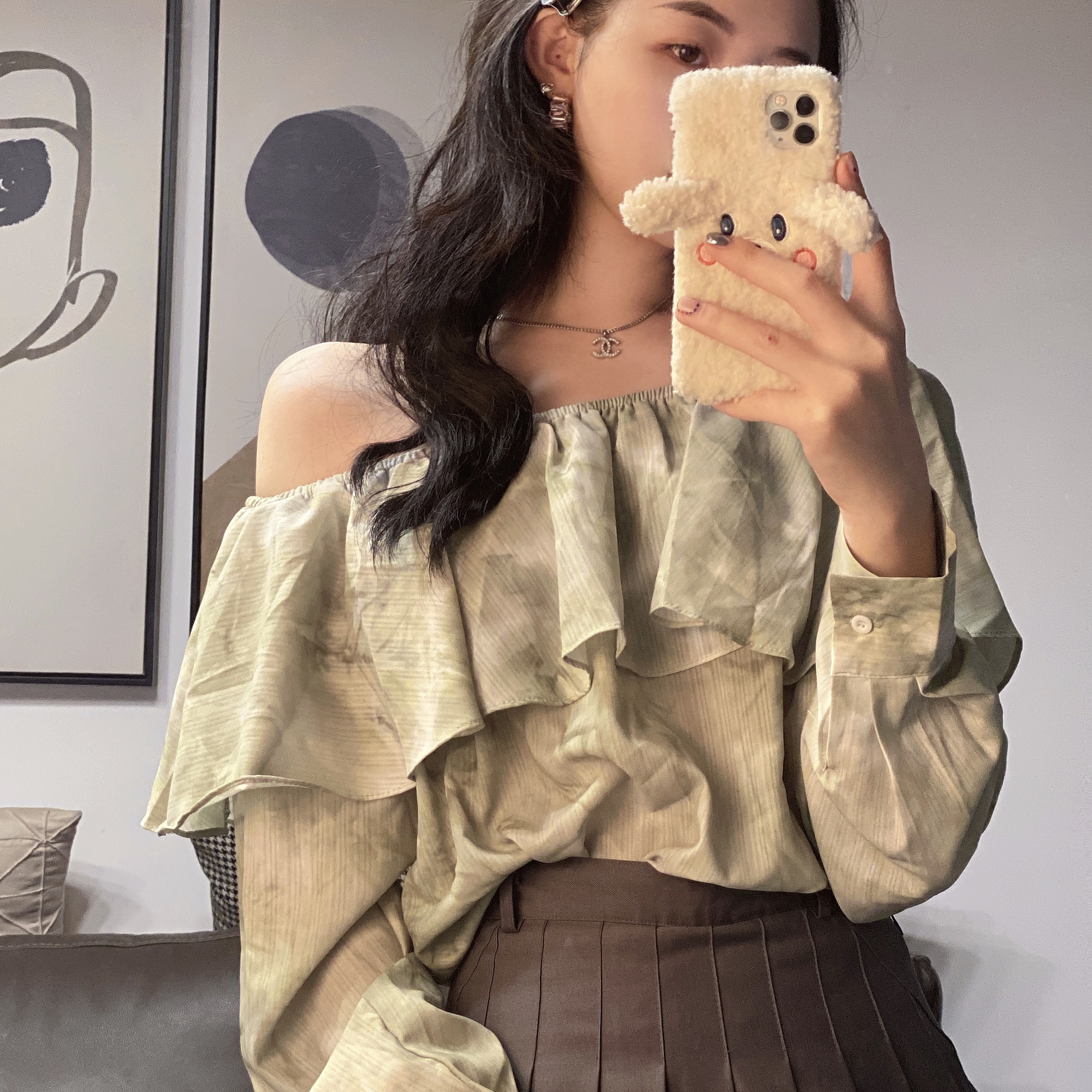Real price tie dyed one shoulder shirt retro style Ruffle Korean loose and versatile trumpet top