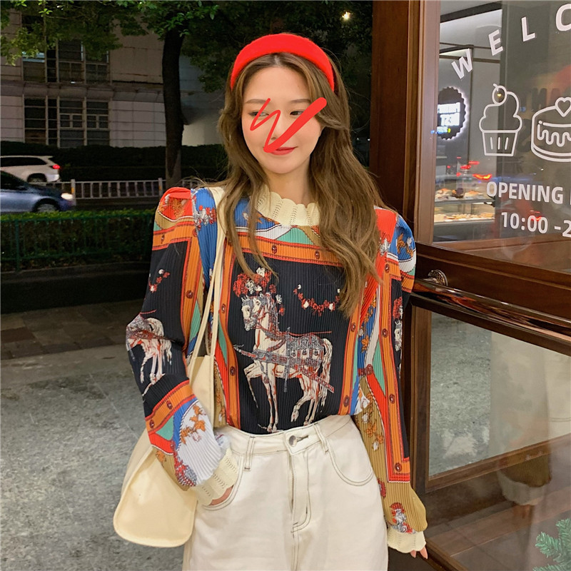 Real shot real price French retro style pleated flower show thin foreign style bottomed shirt