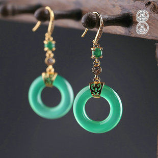 游山恋。天然冰绿红玉髓平安扣圆圈耳坠圆环玛瑙婚礼敬酒福耳饰