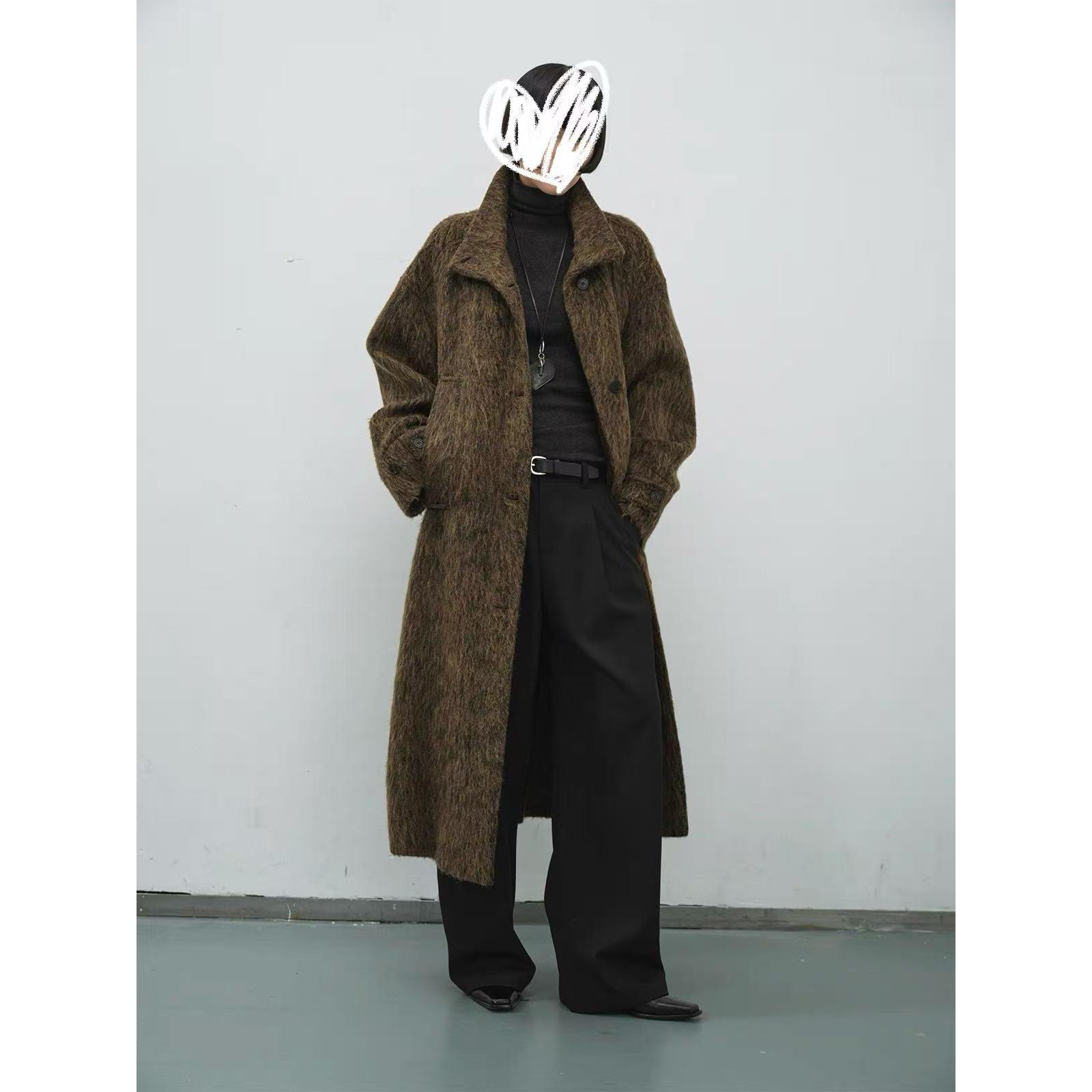 秋冬羊驼毛圈圈纱拉毛工艺立领H版廓形羊毛长款大衣25111040