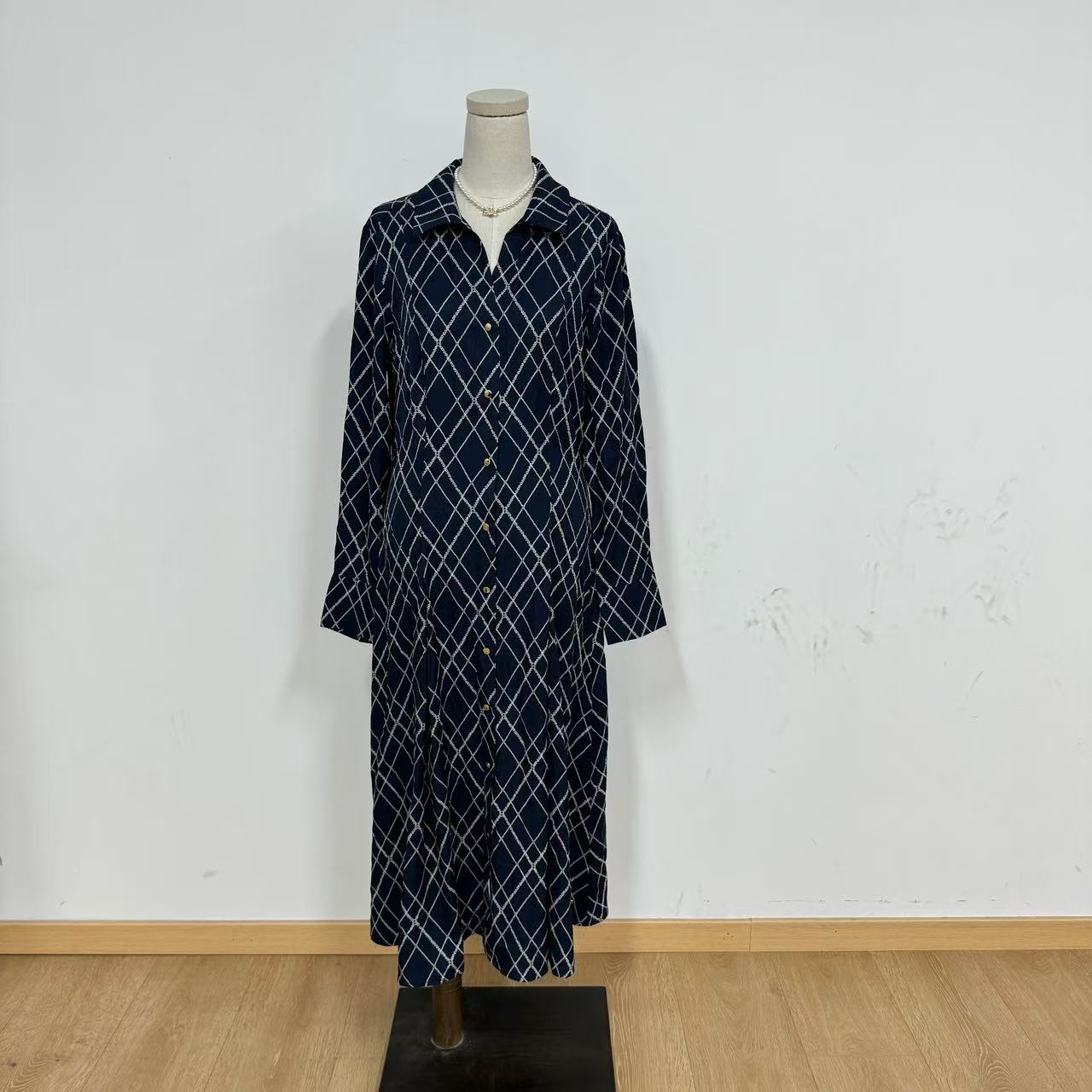 布疵 满印格纹秋季通用常规款中长款衬衫蓝色藏青连衣裙25100945