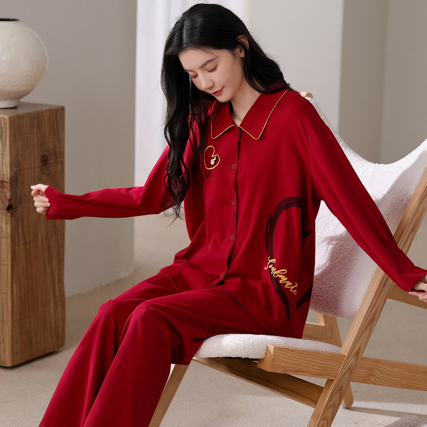 睡衣女纯棉长袖大红色本命年结婚高级感春秋季薄款外穿家居服套装