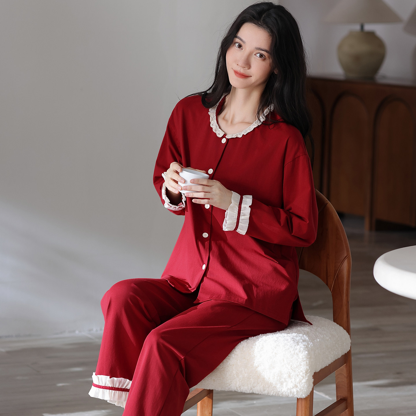 睡衣女春秋款纯棉长袖大红色结婚高级感本命年薄款外穿家居服套装
