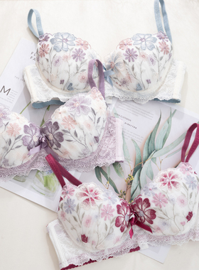 日系少女甜美可爱刺绣花卉纯欲中鸡心有钢圈内衣套装女内衣内裤女